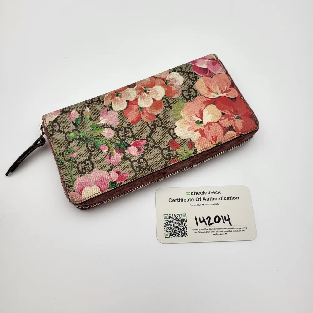 GUCCI GG Supreme Blooms Round Zip Long Wallet Floral Print Pink Canvas Leather.. - Picture 1 of 14